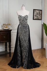 Black Beaded Formal Evening Dress Strapless Sheath Prom Wedding Party Dress with Panel Train